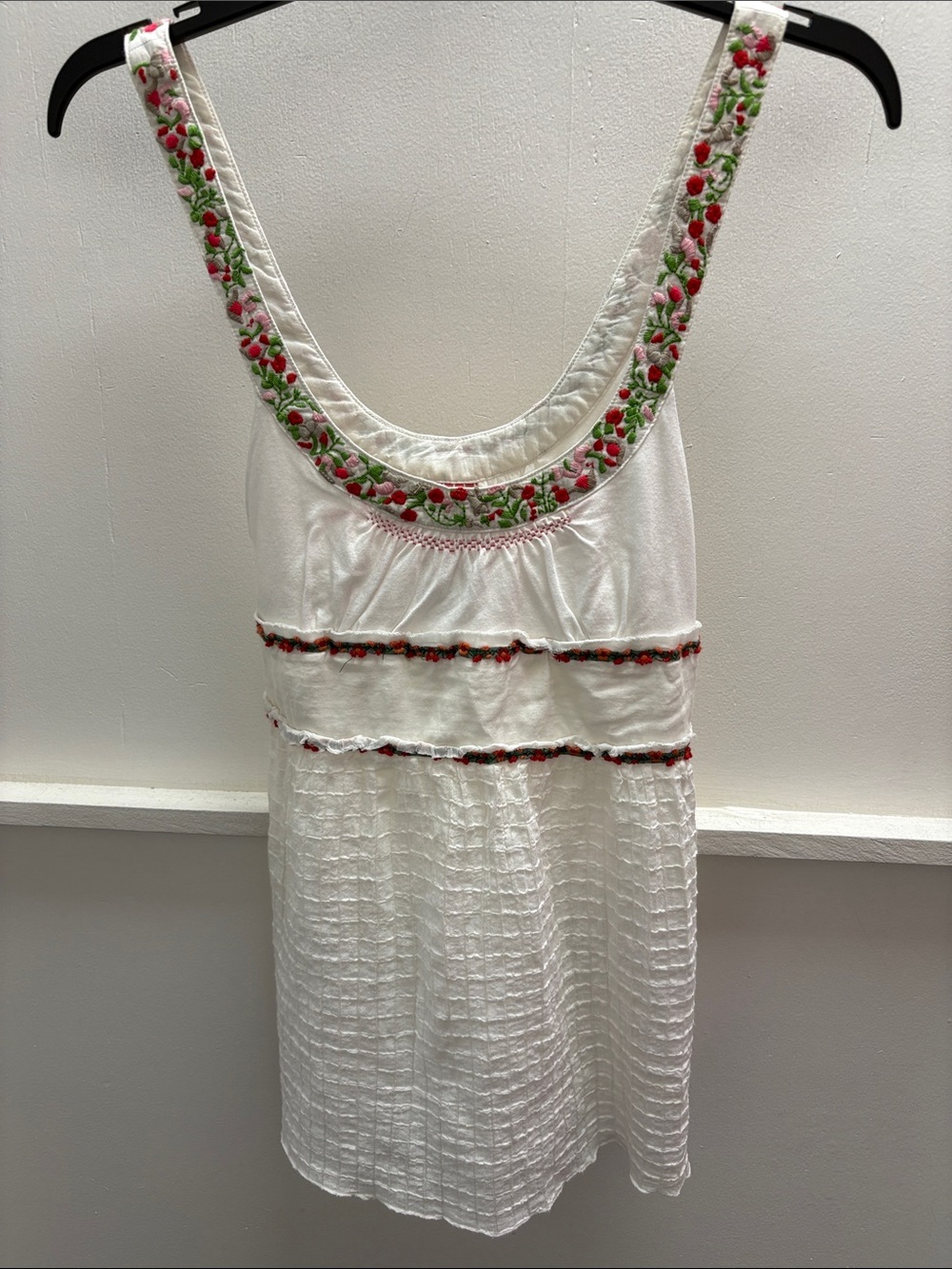 Free People White Tank Top with Pink & Green Embroidered Trim